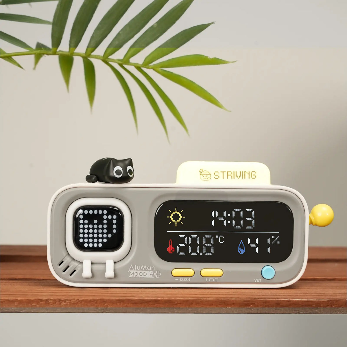 ATUMAN MOODA Rectangular Smart Temperature-Humidity Clock - Retro Pixel Display, Mood AI, Cells Functionality - Home Bedroom Indoor Monitor, Smart Home Health Companion, Unique Decor for Bedroom, House Decor, Apartment Accessories