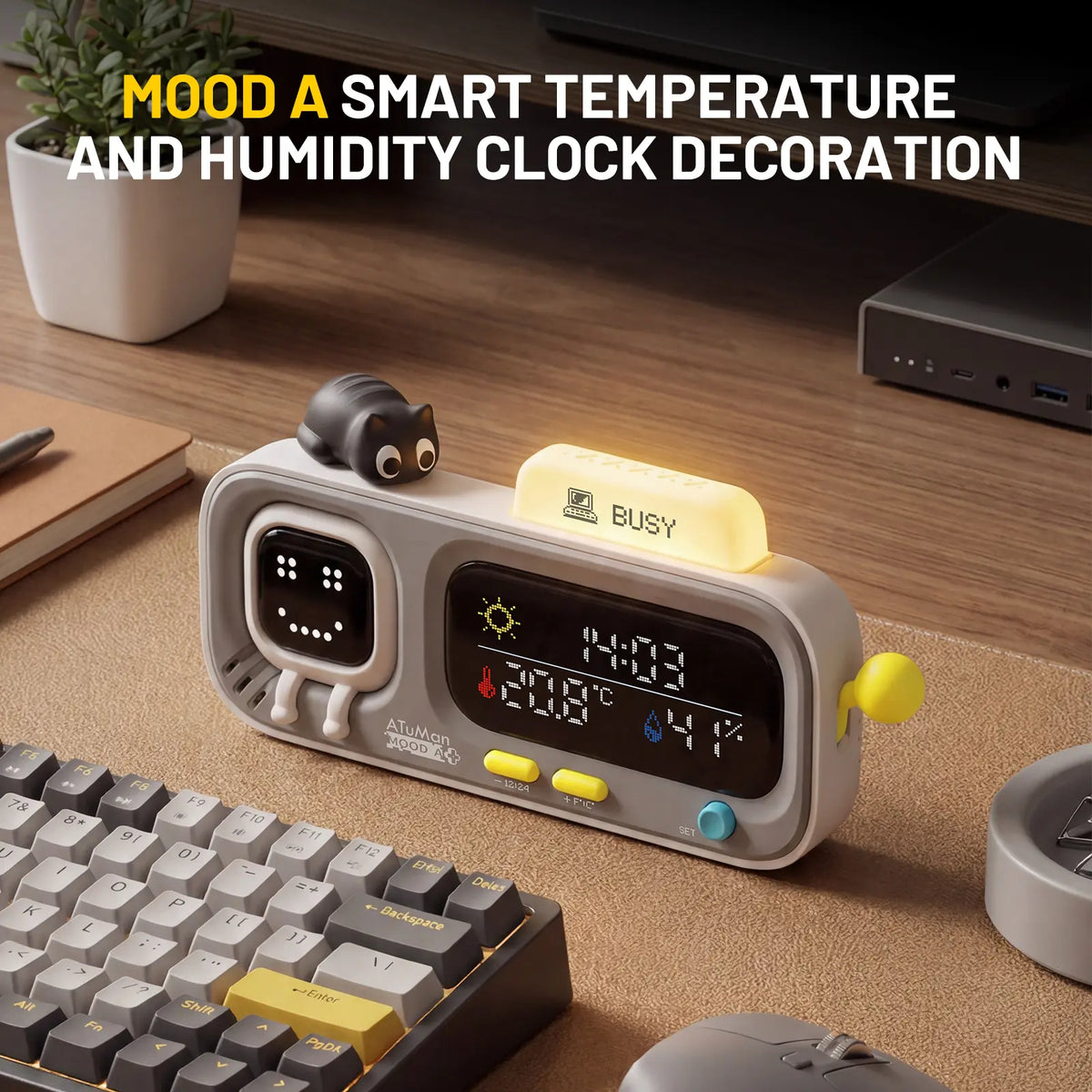 ATUMAN MOODA Rectangular Smart Temperature-Humidity Clock - Retro Pixel Display, Mood AI, Cells Functionality - Home Bedroom Indoor Monitor, Smart Home Health Companion, Unique Decor for Bedroom, House Decor, Apartment Accessories