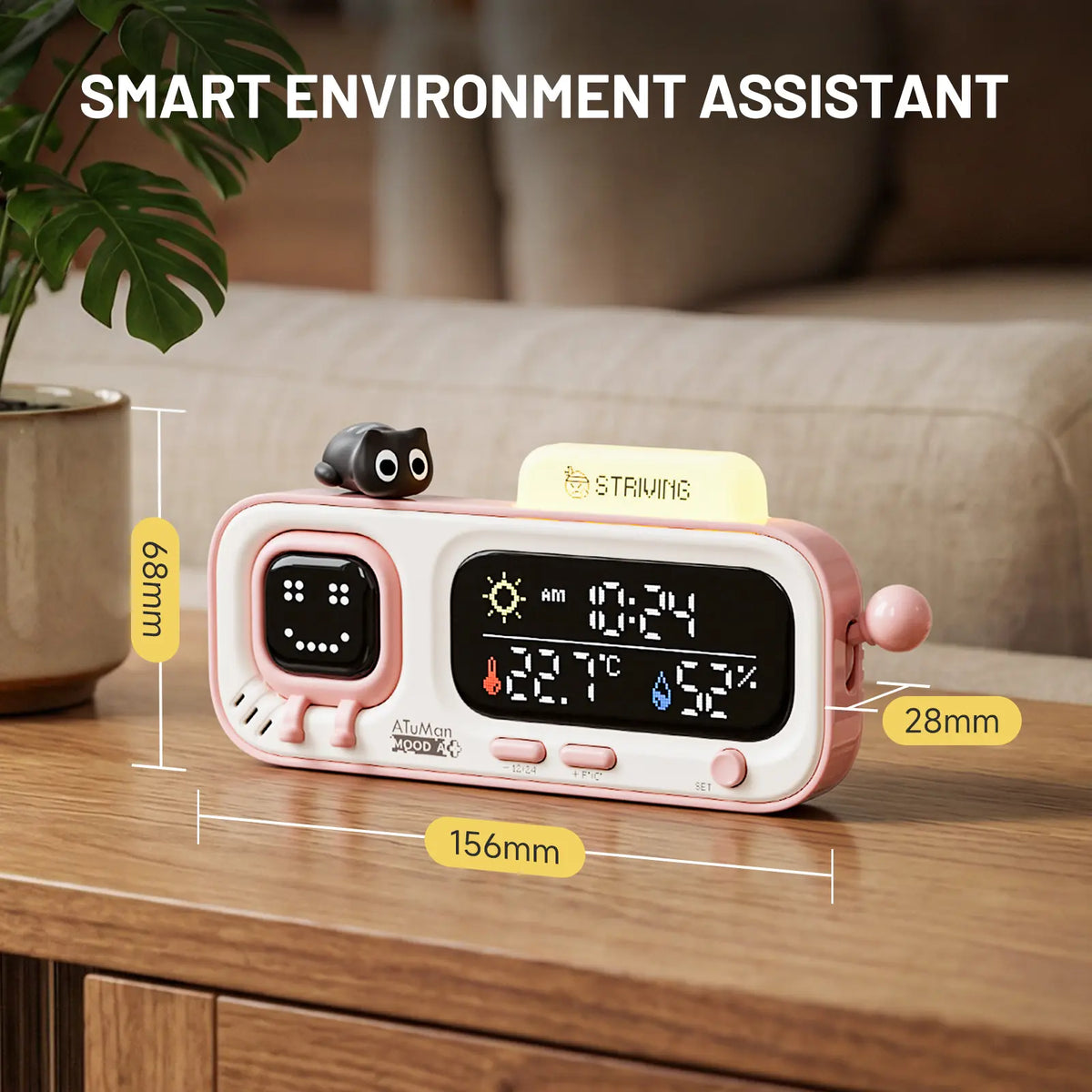 ATUMAN MOODA Rectangular Smart Temperature-Humidity Clock - Retro Pixel Display, Mood AI, Cells Functionality - Home Bedroom Indoor Monitor, Smart Home Health Companion, Unique Decor for Bedroom, House Decor, Apartment Accessories