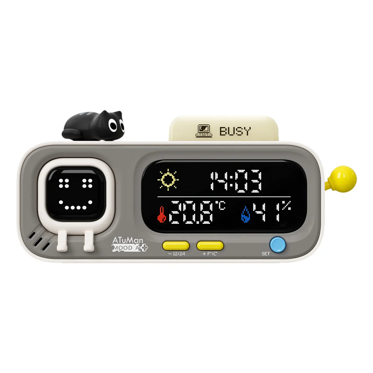 ATUMAN MOODA Rectangular Smart Temperature-Humidity Clock - Retro Pixel Display, Mood AI, Cells Functionality - Home Bedroom Indoor Monitor, Smart Home Health Companion, Unique Decor for Bedroom, House Decor, Apartment Accessories