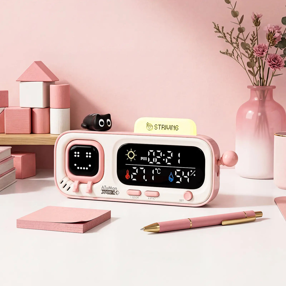 ATUMAN MOODA Rectangular Smart Temperature-Humidity Clock - Retro Pixel Display, Mood AI, Cells Functionality - Home Bedroom Indoor Monitor, Smart Home Health Companion, Unique Decor for Bedroom, House Decor, Apartment Accessories