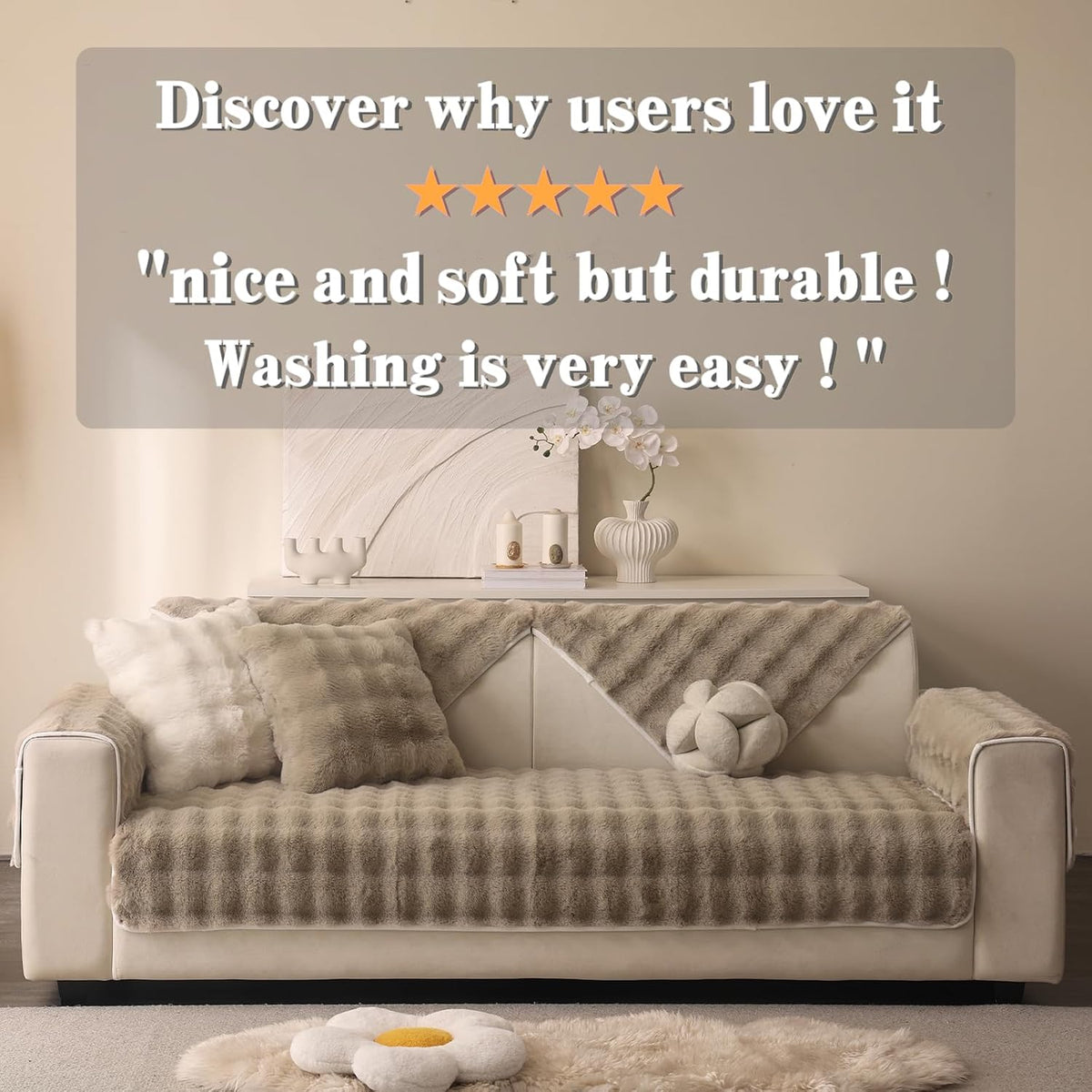 Luxurious Soft Plush Faux Fur Couch Cover - Thick and Warm Non-Slip Sofa Protector for 3-Cushion Sectional - Perfect Furniture Cover for Pets (Khaki, 36" X 82")