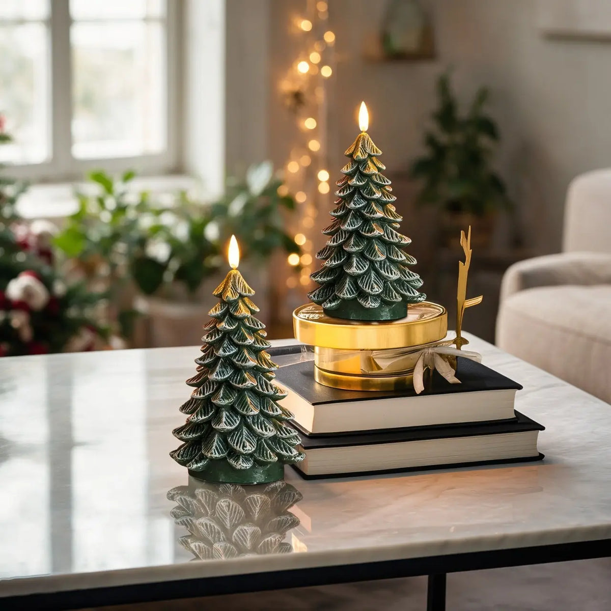 Homemory Christmas Tree Candles with 6 Hours Timer, 2 Pcs Waxy LED Flameless Candles Flickering, Green Electric Candles Battery Operated for New Year Celebration Holiday Decorations 8.5 Inches,Sohochic
