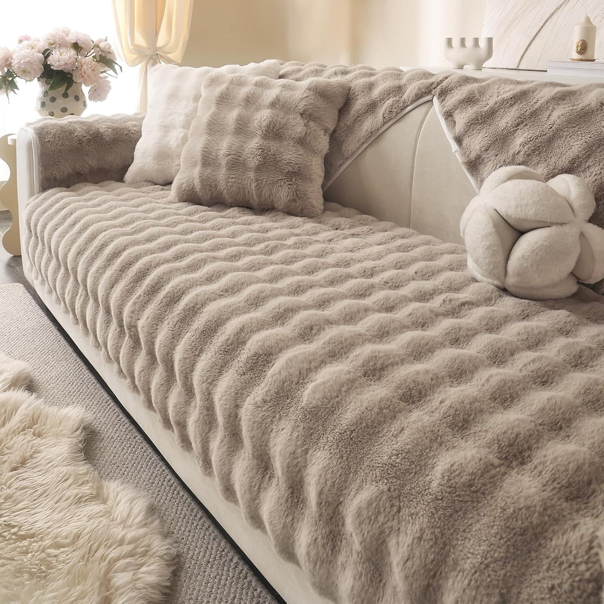 Luxurious Soft Plush Faux Fur Couch Cover - Thick and Warm Non-Slip Sofa Protector for 3-Cushion Sectional - Perfect Furniture Cover for Pets (Khaki, 36" X 82")