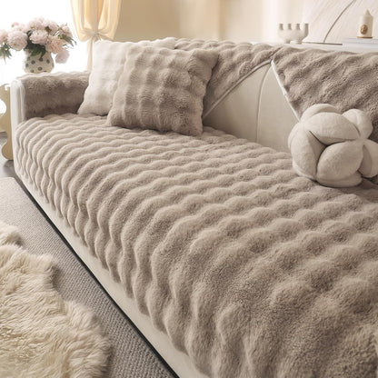 Luxurious Soft Plush Faux Fur Couch Cover - Thick and Warm Non-Slip Sofa Protector for 3-Cushion Sectional - Perfect Furniture Cover for Pets (Khaki, 36" X 82")