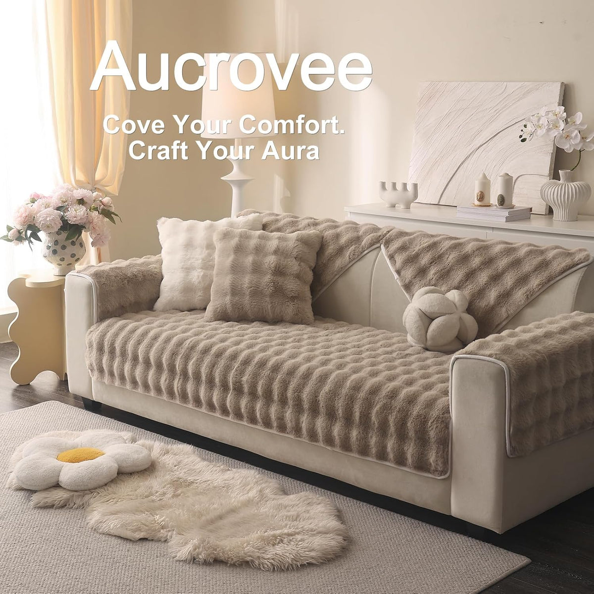 Luxurious Soft Plush Faux Fur Couch Cover - Thick and Warm Non-Slip Sofa Protector for 3-Cushion Sectional - Perfect Furniture Cover for Pets (Khaki, 36" X 82")