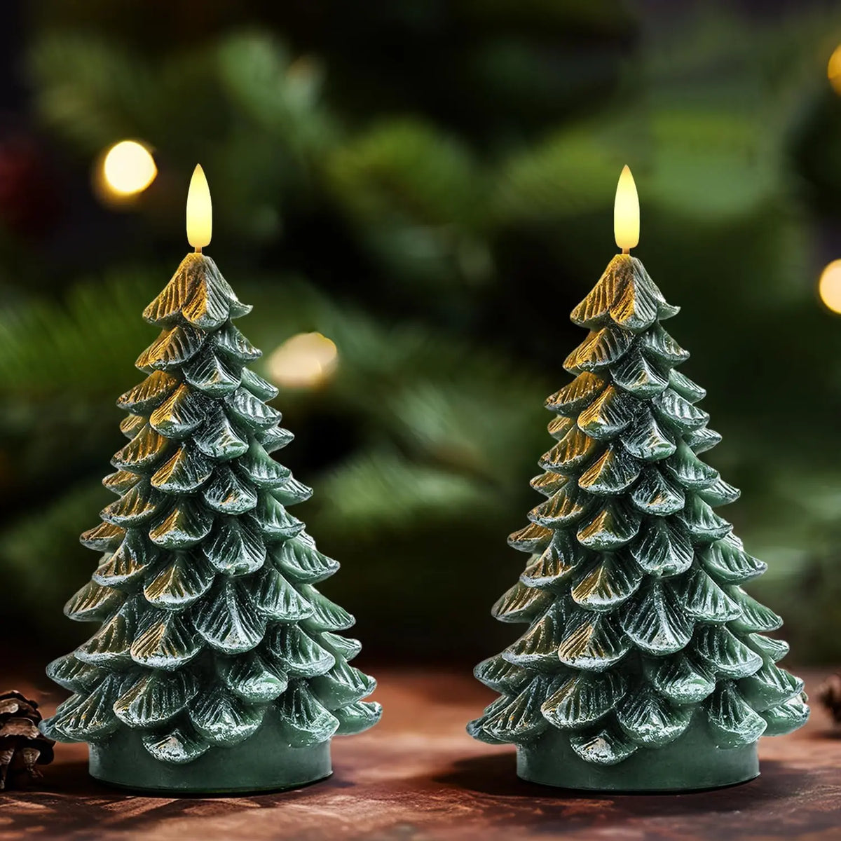 Homemory Christmas Tree Candles with 6 Hours Timer, 2 Pcs Waxy LED Flameless Candles Flickering, Green Electric Candles Battery Operated for New Year Celebration Holiday Decorations 8.5 Inches,Sohochic