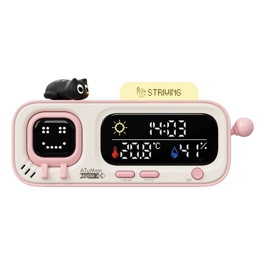ATUMAN MOODA Rectangular Smart Temperature-Humidity Clock - Retro Pixel Display, Mood AI, Cells Functionality - Home Bedroom Indoor Monitor, Smart Home Health Companion, Unique Decor for Bedroom, House Decor, Apartment Accessories