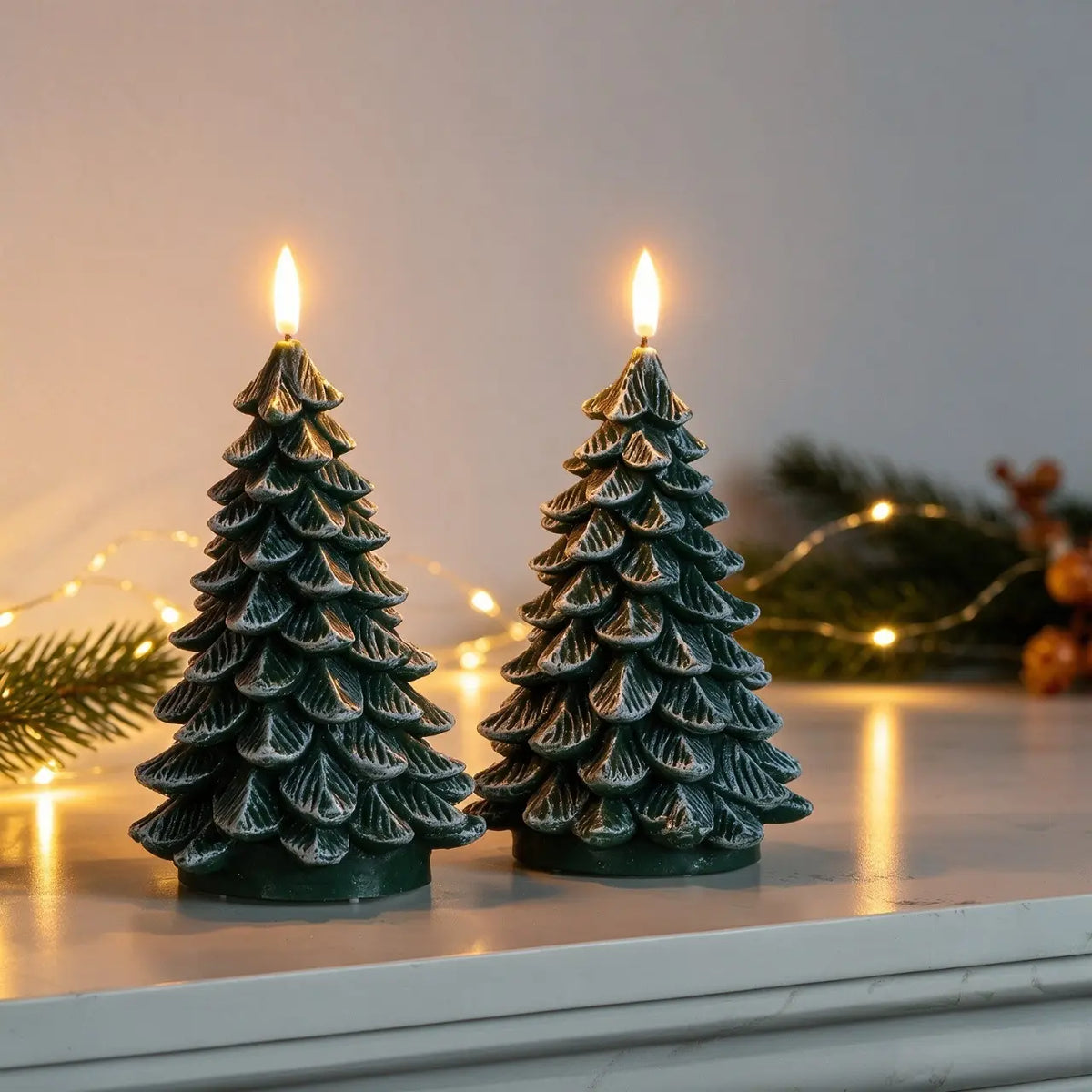 Homemory Christmas Tree Candles with 6 Hours Timer, 2 Pcs Waxy LED Flameless Candles Flickering, Green Electric Candles Battery Operated for New Year Celebration Holiday Decorations 8.5 Inches,Sohochic