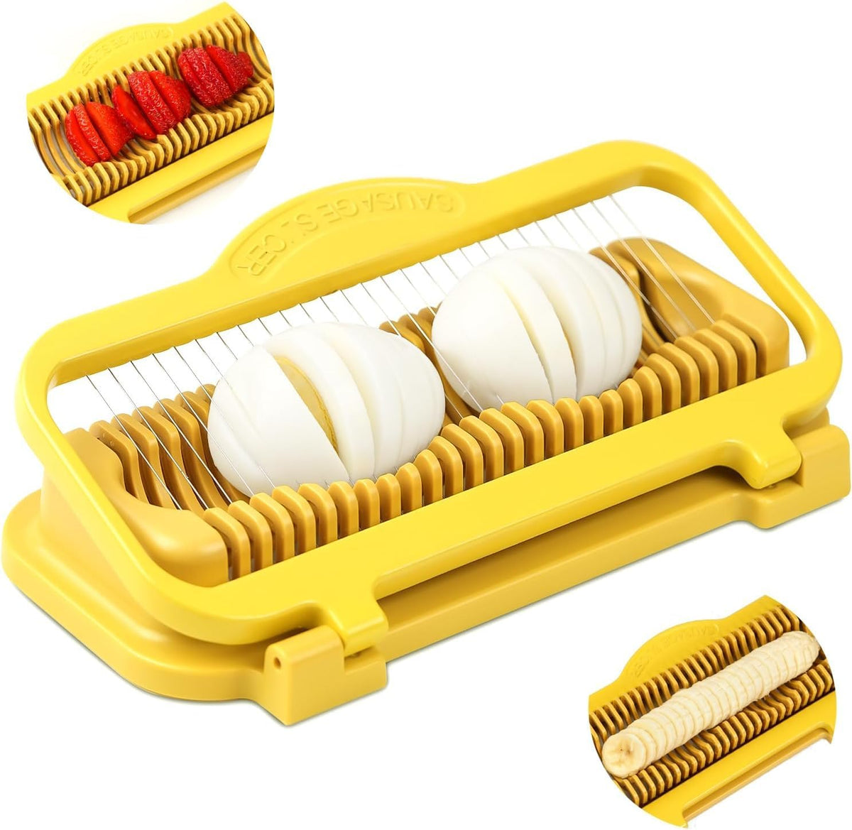 Larger Banana Slicer Egg Slicer for Hard Boiled Eggs, Stainless Steel & Aluminium Wires Strawberry Slicer Multipurpose Heavy Duty Dishwasher Safe Banana Cutter Slicer