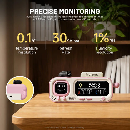 ATUMAN MOODA Rectangular Smart Temperature-Humidity Clock - Retro Pixel Display, Mood AI, Cells Functionality - Home Bedroom Indoor Monitor, Smart Home Health Companion, Unique Decor for Bedroom, House Decor, Apartment Accessories